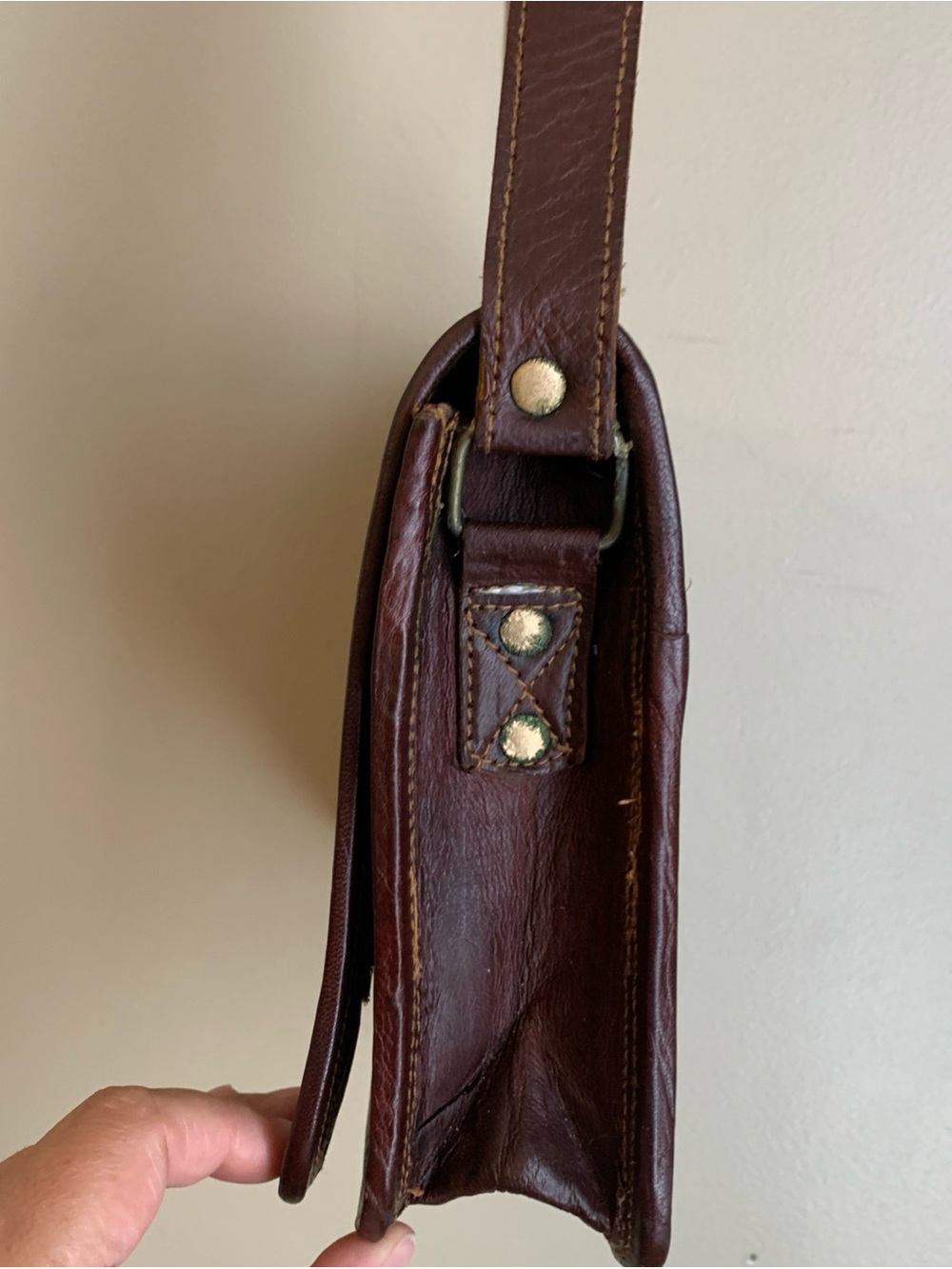 Vtg Waxed Leather Messenger Bag Crossbody Green Canvas Interior Brass Hardware - Picture 10 of 13